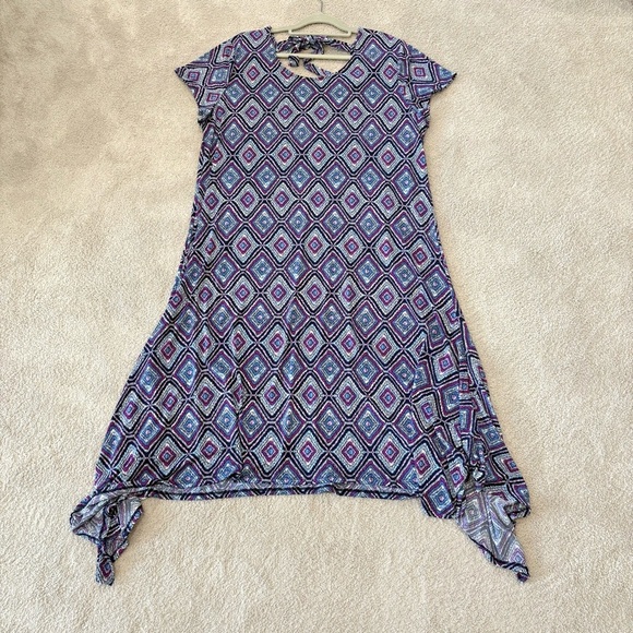 Chico's Asymmetrical Short Sleeve Stretchy Midi Dress Sz 3 Geometric Keyhole - Picture 12 of 15